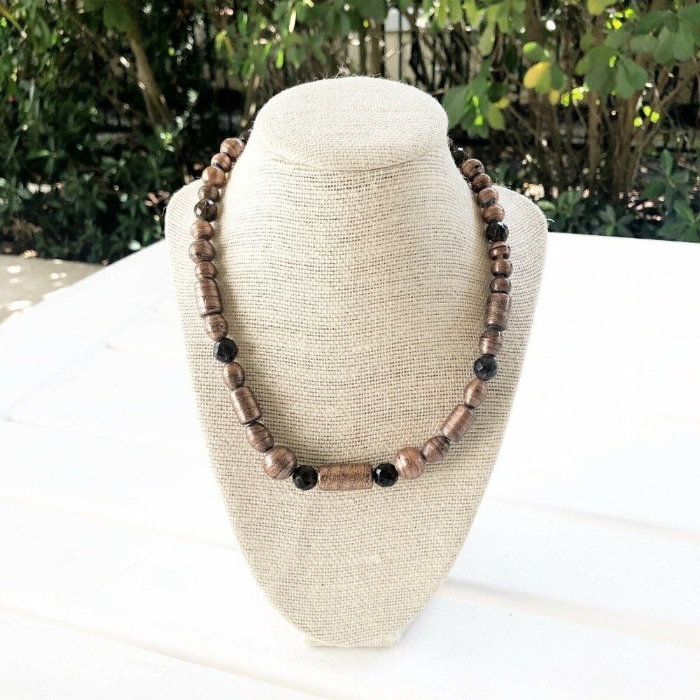 NWT Genuine 24K Gold Foil Murano Glass & Czech Crystal Bead Necklace Gold Black